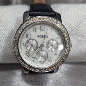 Fossil Stella Collection Black and White Leather Stainless Steel Watch